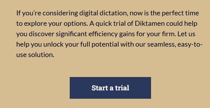 A picture of blue text on a tan background - Diktamen call to action for a free trial