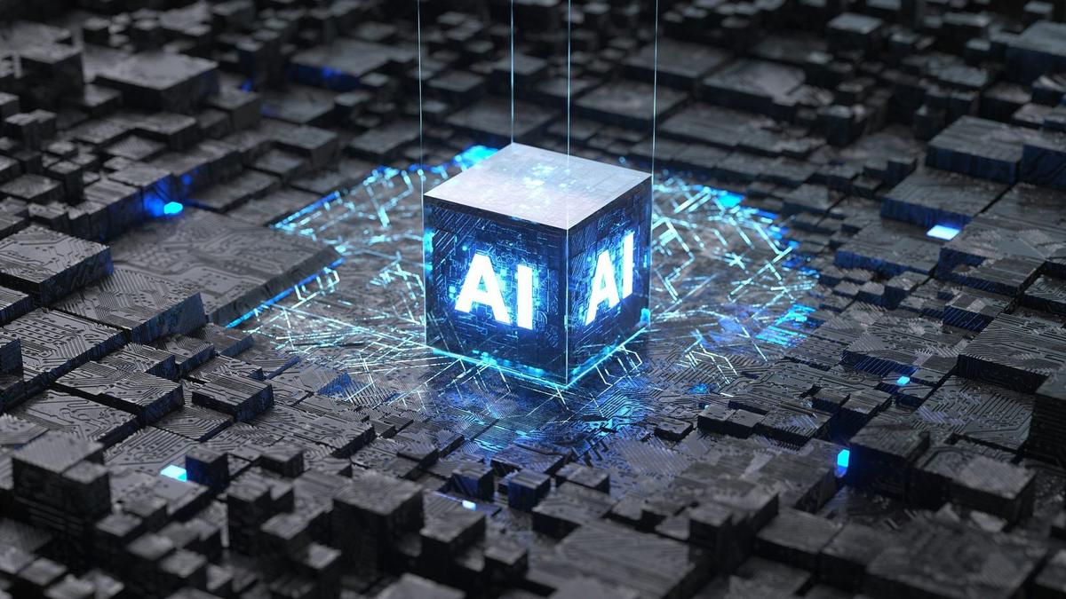 A picture of black computer inside with a cube in the middle that says AI in blue light