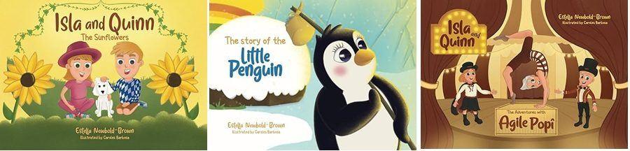 An image of three book covers - the first yellow with two children on with sunflowers, the middle a penguin and rainbow, the third on a red background with two children and adult  performing in a circus