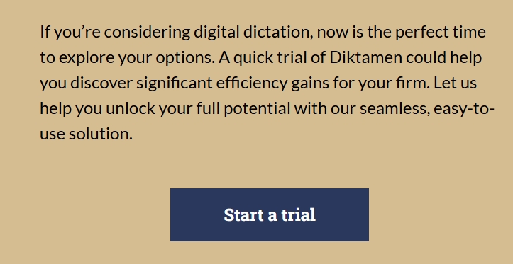 A picture of blue text on a tan background - Diktamen call to action for a free trial
