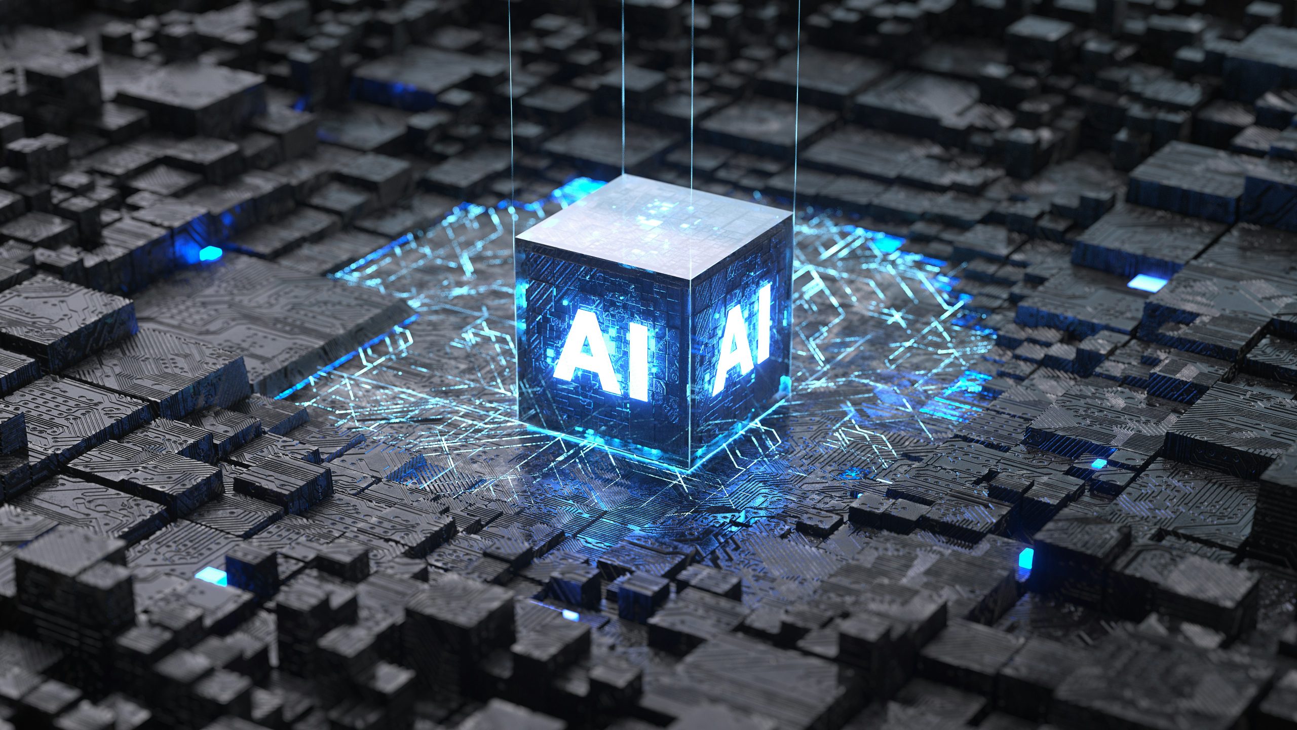 A picture of black computer inside with a cube in the middle that says AI in blue light