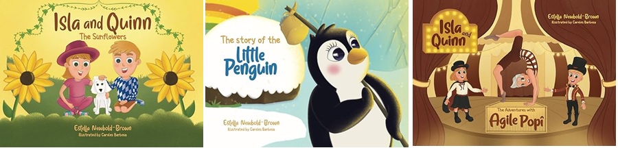 An image of three book covers - the first yellow with two children on with sunflowers, the middle a penguin and rainbow, the third on a red background with two children and adult performing in a circus