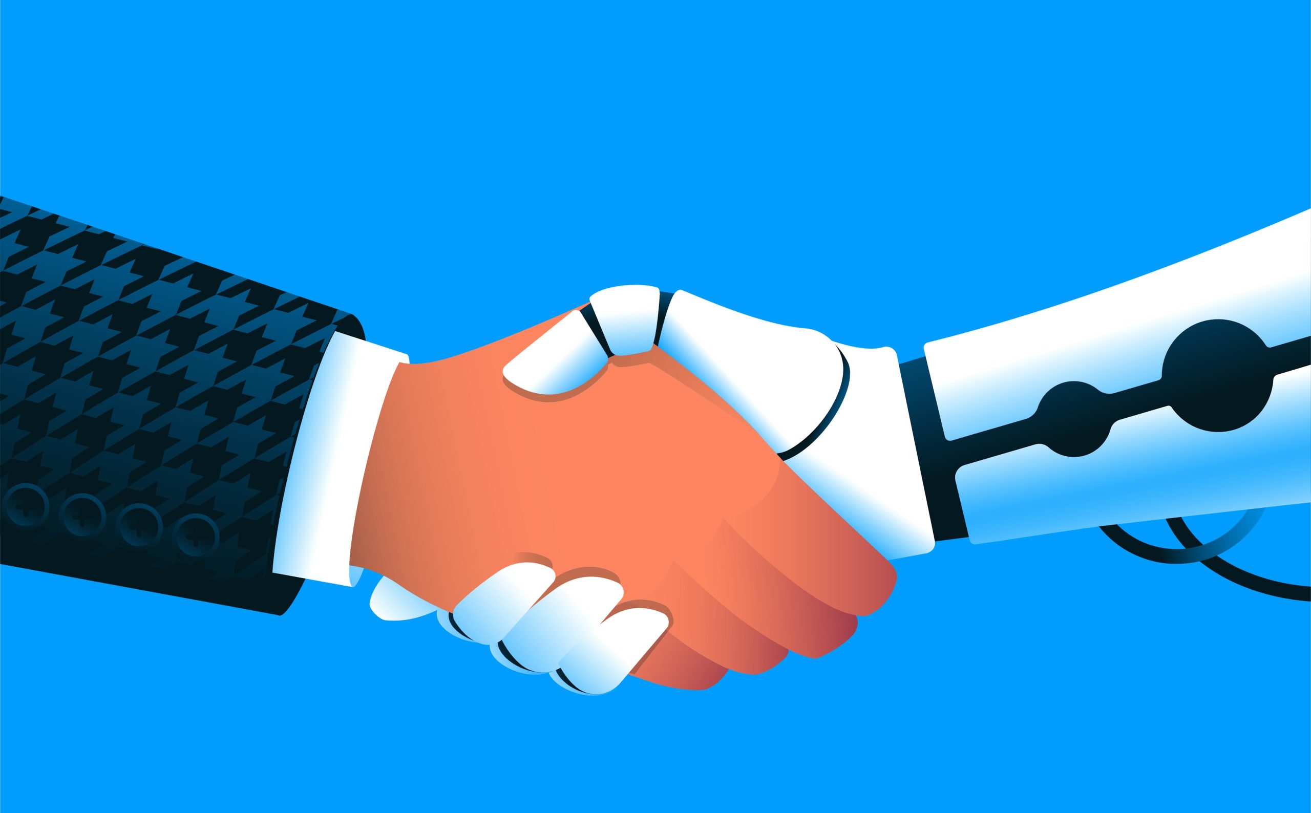 An image of a human hand shaking a robot hand signifying use of AI for law firms