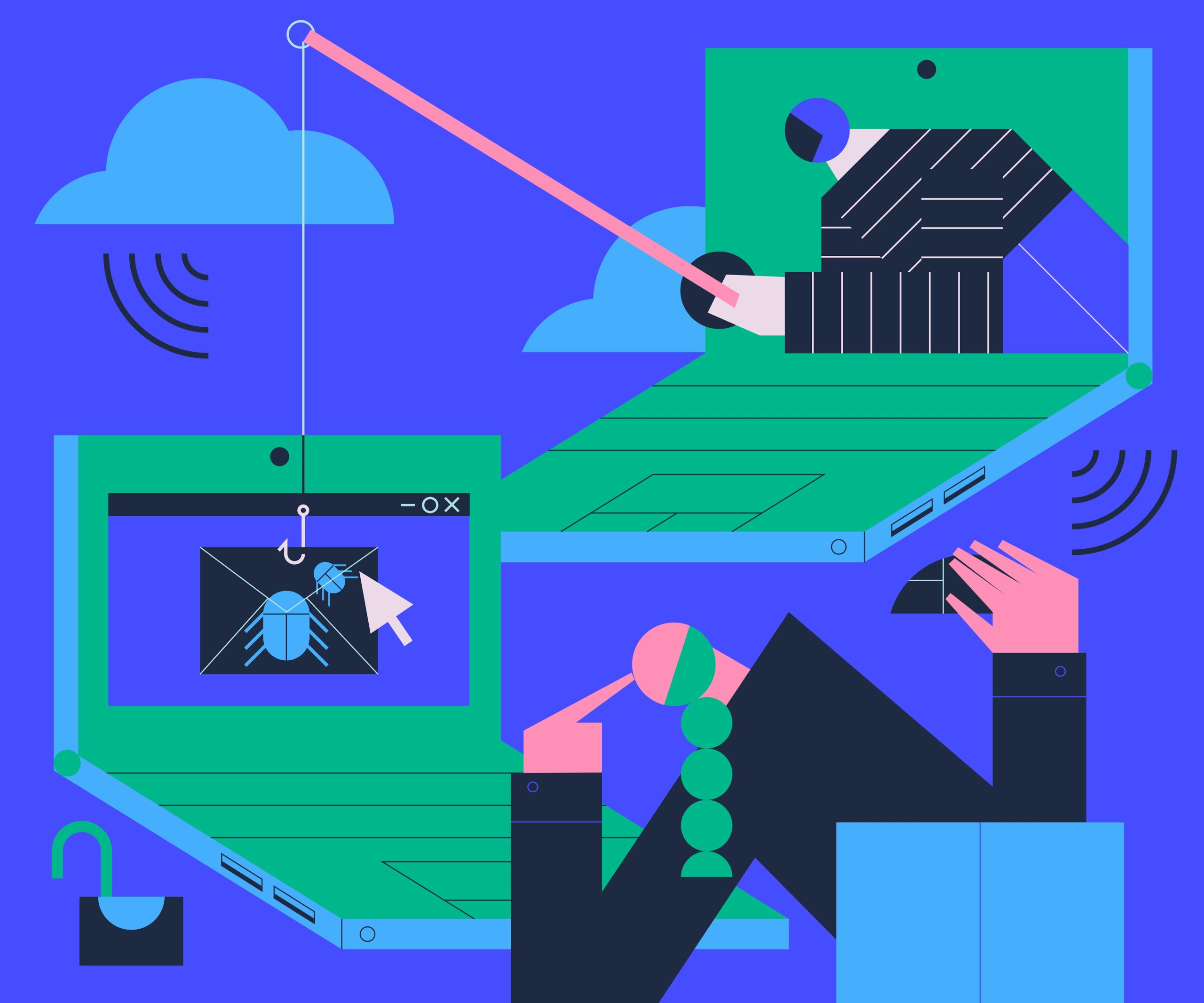 An image on a blue background with people in black tops phishing for items from a laptop with a rod